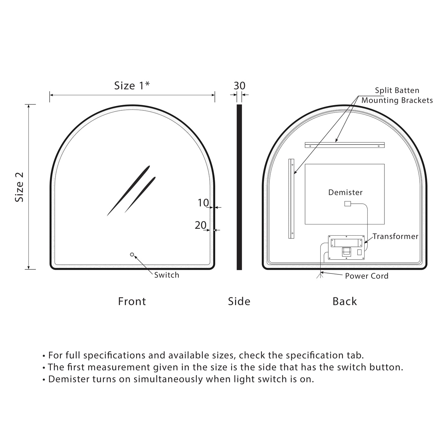 Arco Arch 500mm x 1000mm Frontlit LED Framed Mirror in Matte White with Demister