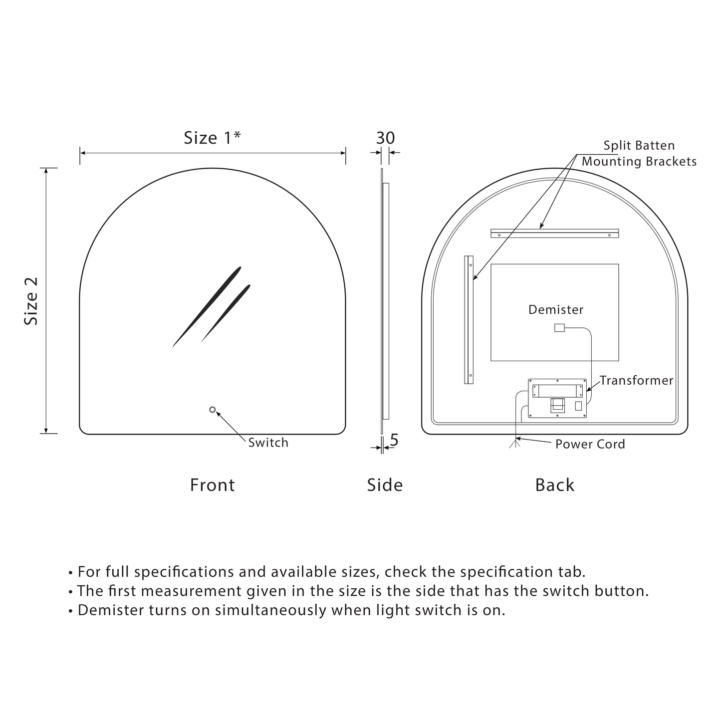 Arco Arch 800mm x 800mm Backlit LED Mirror with Polished Edge and Demister