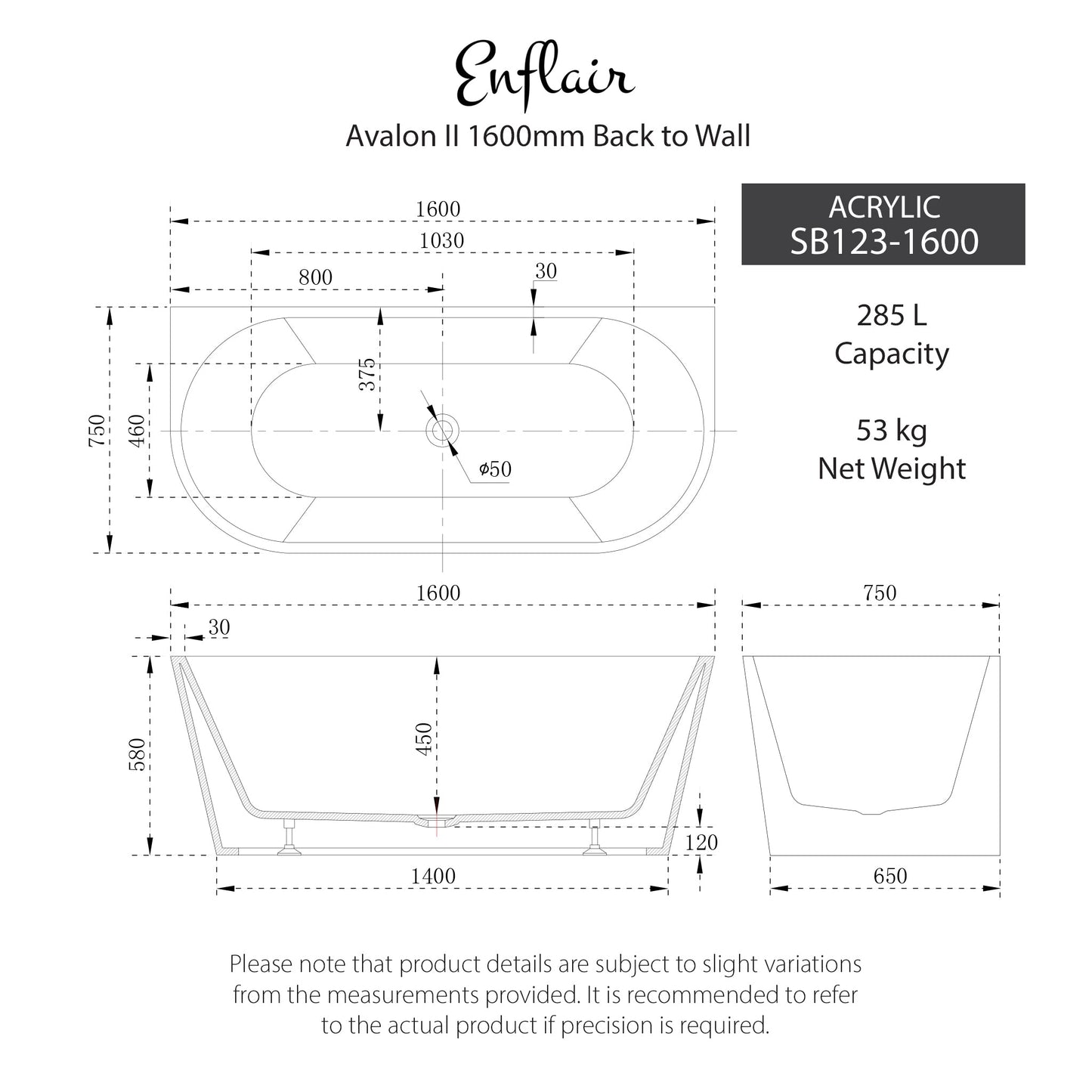 Avalon 1600mm Back to Wall Freestanding Bath, Gloss White