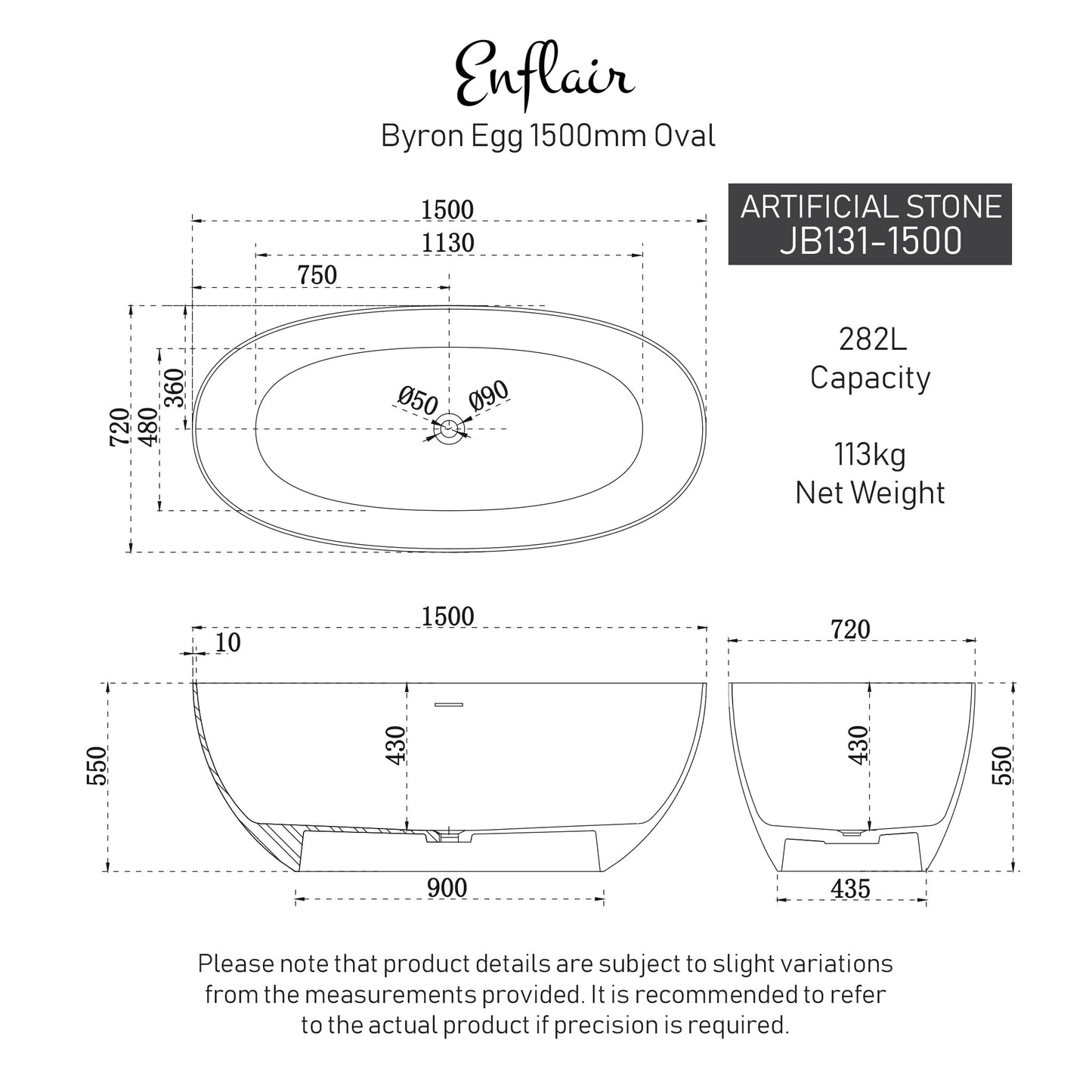 Byron Egg 1500mm Artificial Stone Freestanding Bath, Matte White