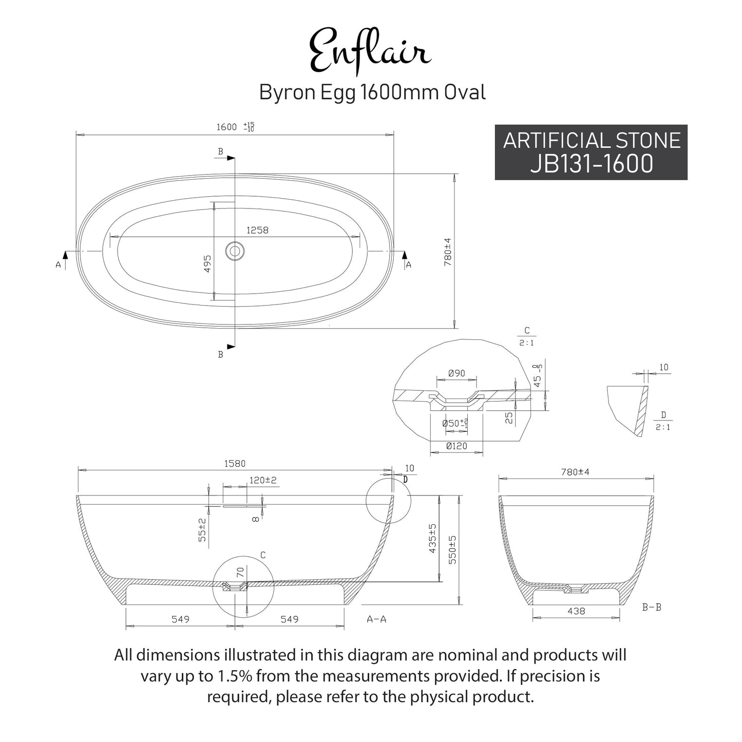 Byron Egg 1600mm Artificial Stone Freestanding Bath, Gloss White
