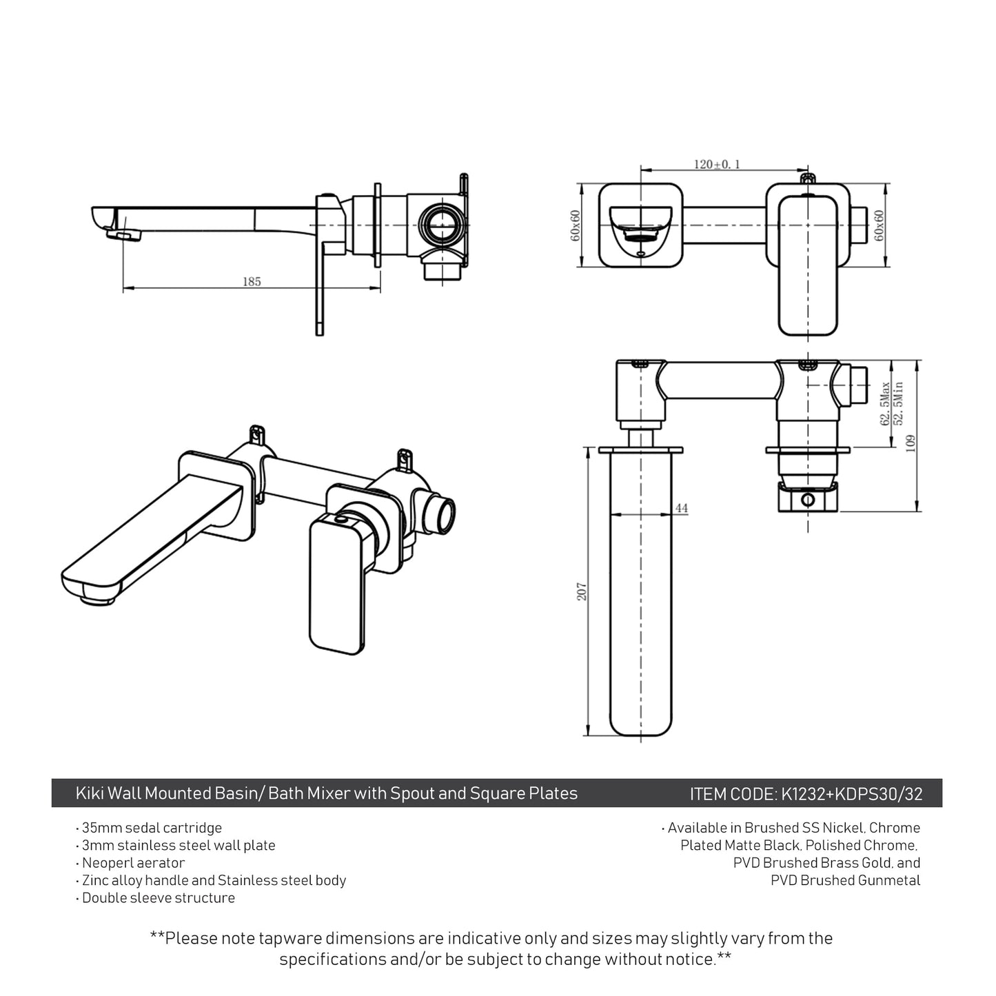 Kiki Wall Mounted Basin/ Bath Mixer with Spout and Square Plates, Brushed Gunmetal