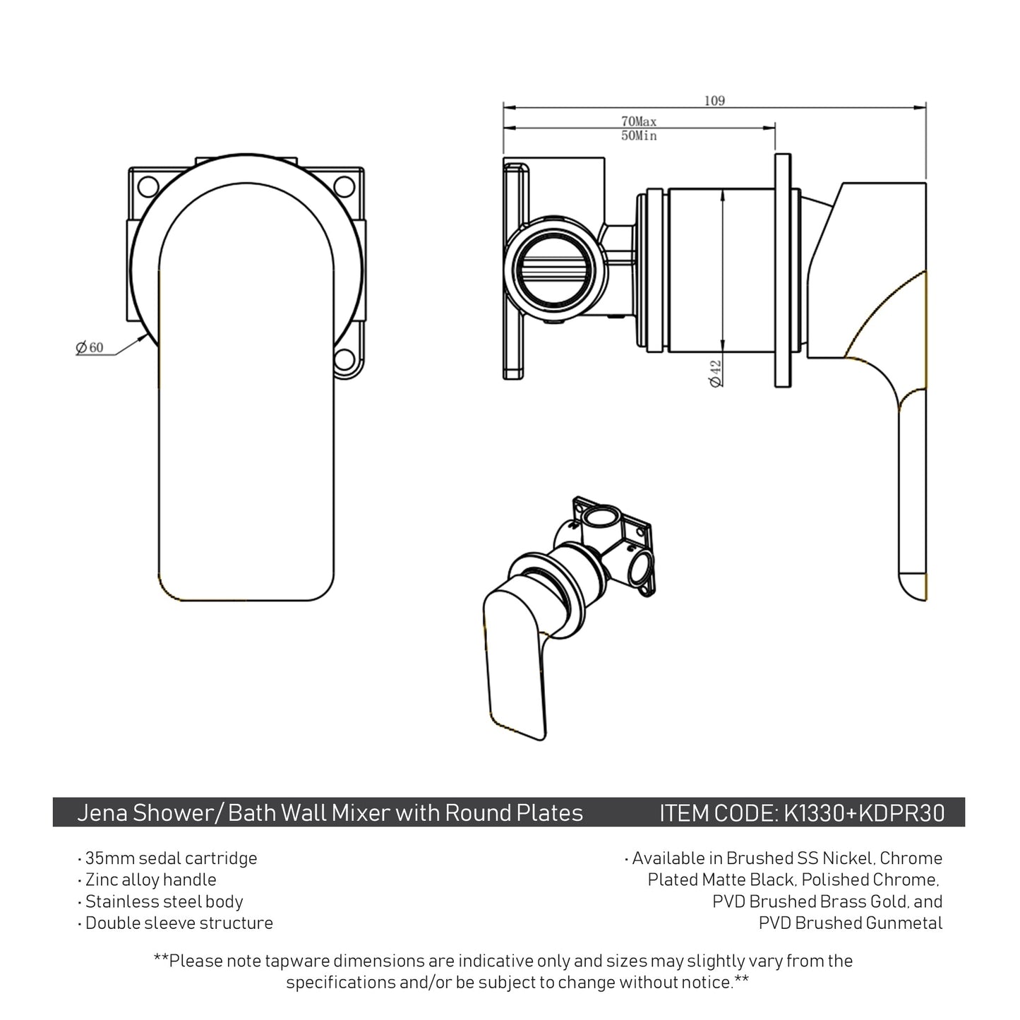 Jena Shower/ Bath Wall Mixer with Round Plates, Brushed Brass (Gold)