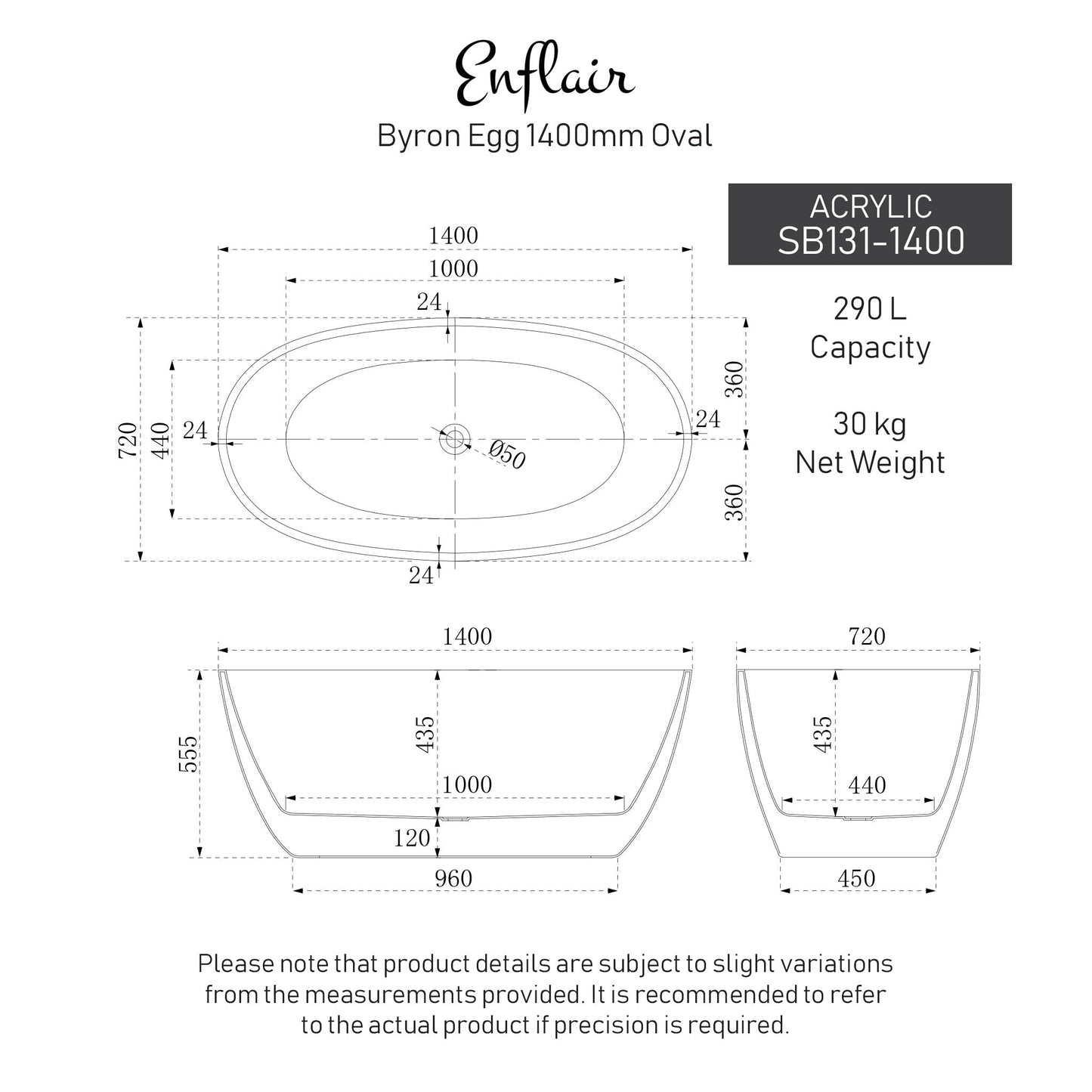 Byron Egg 1400mm Oval Freestanding Bath, Gloss White