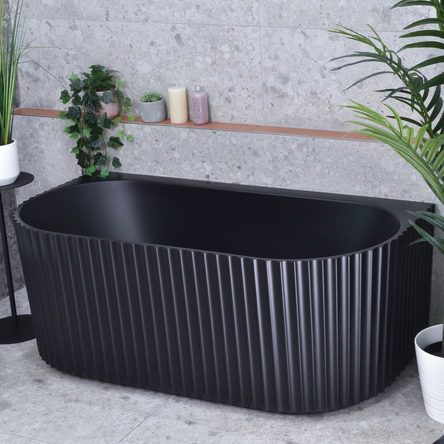 Agora Groove 1500mm Fluted Oval Freestanding Back to Wall Bath, Matte Black