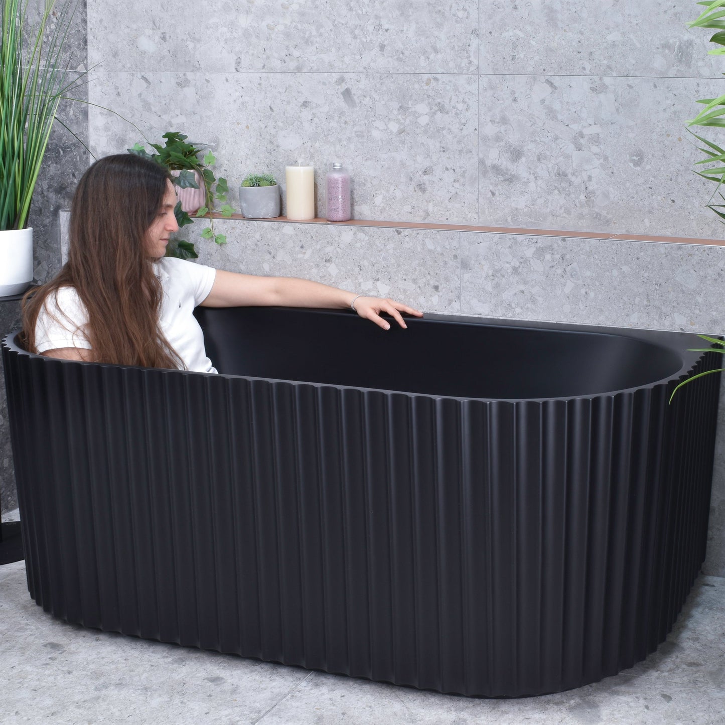 Agora Groove 1500mm Fluted Oval Freestanding Back to Wall Bath, Matte Black