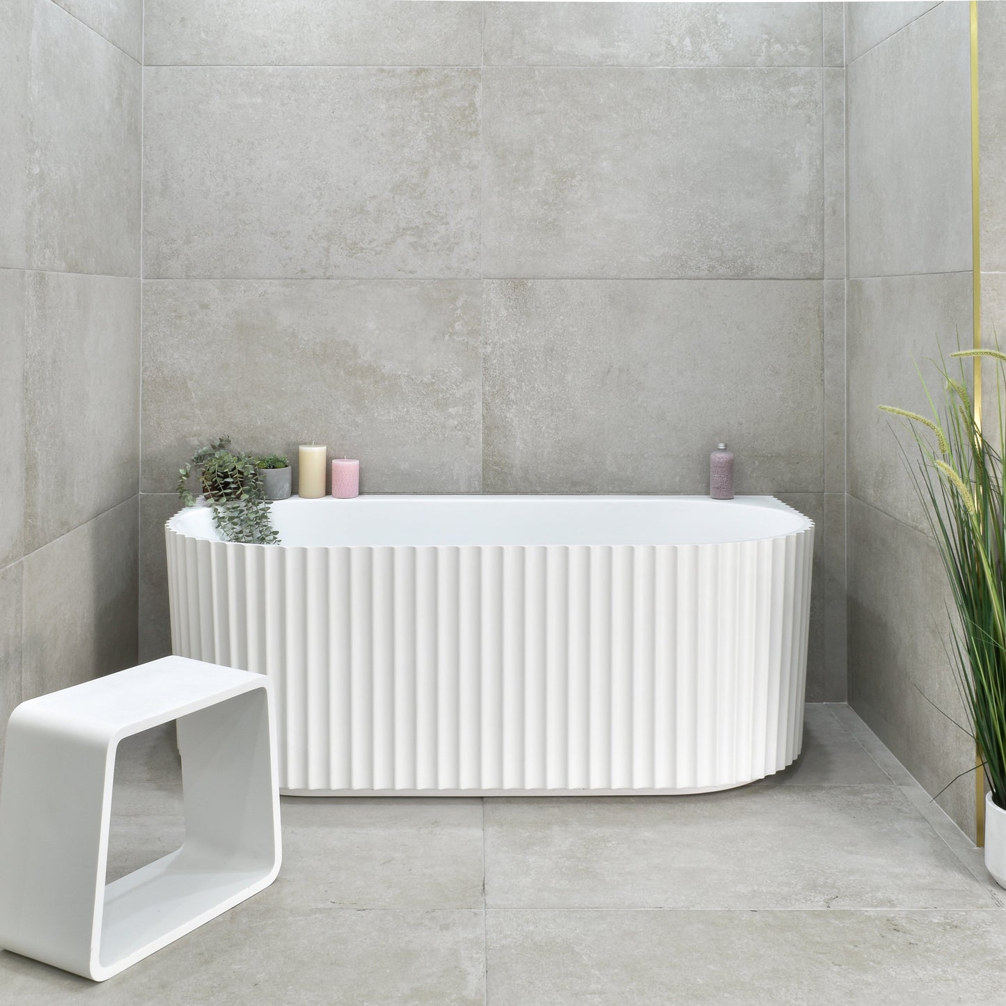 Agora Groove 1500mm Fluted Oval Freestanding Back to Wall Bath, Gloss White