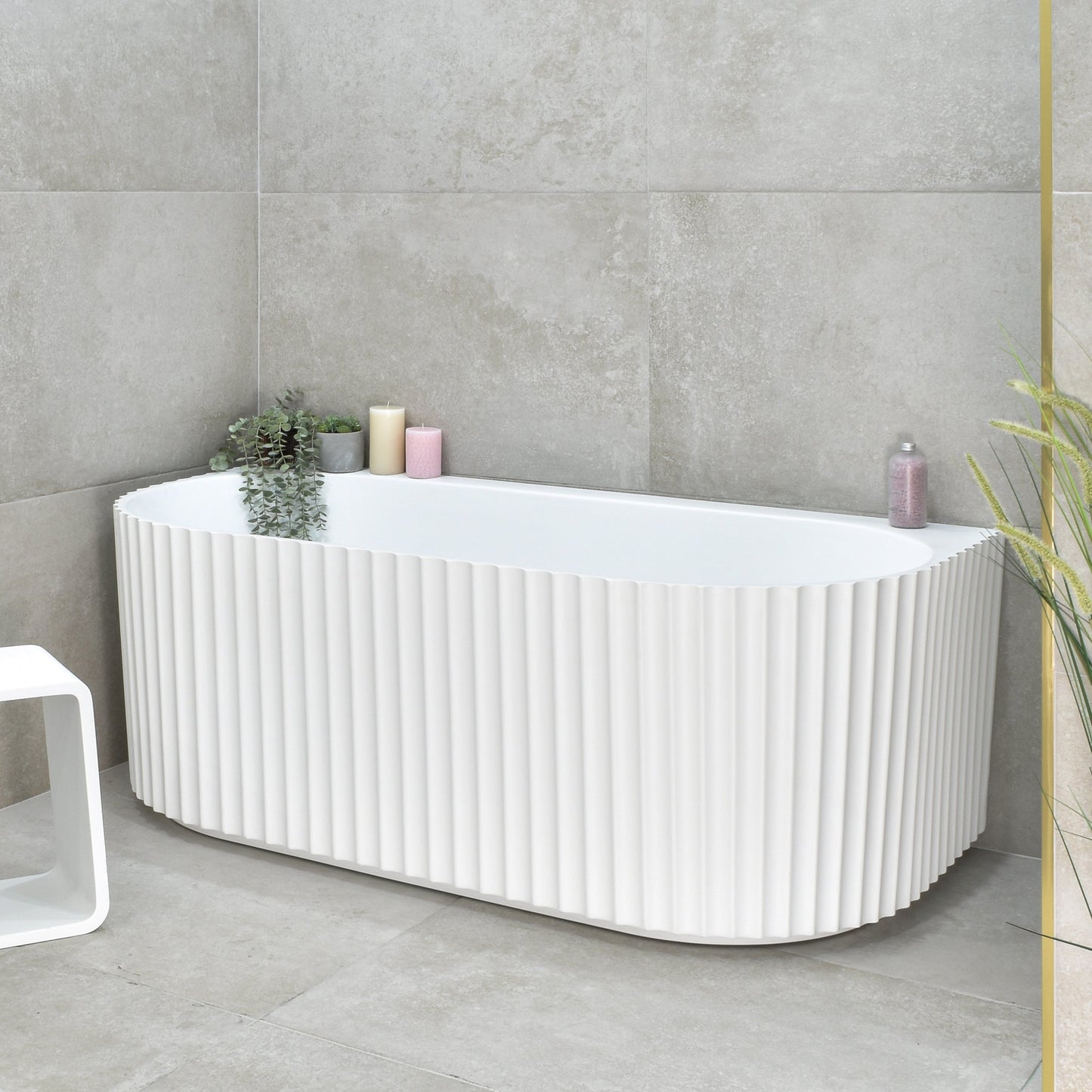 Agora Groove 1500mm Fluted Oval Freestanding Back to Wall Bath, Gloss White