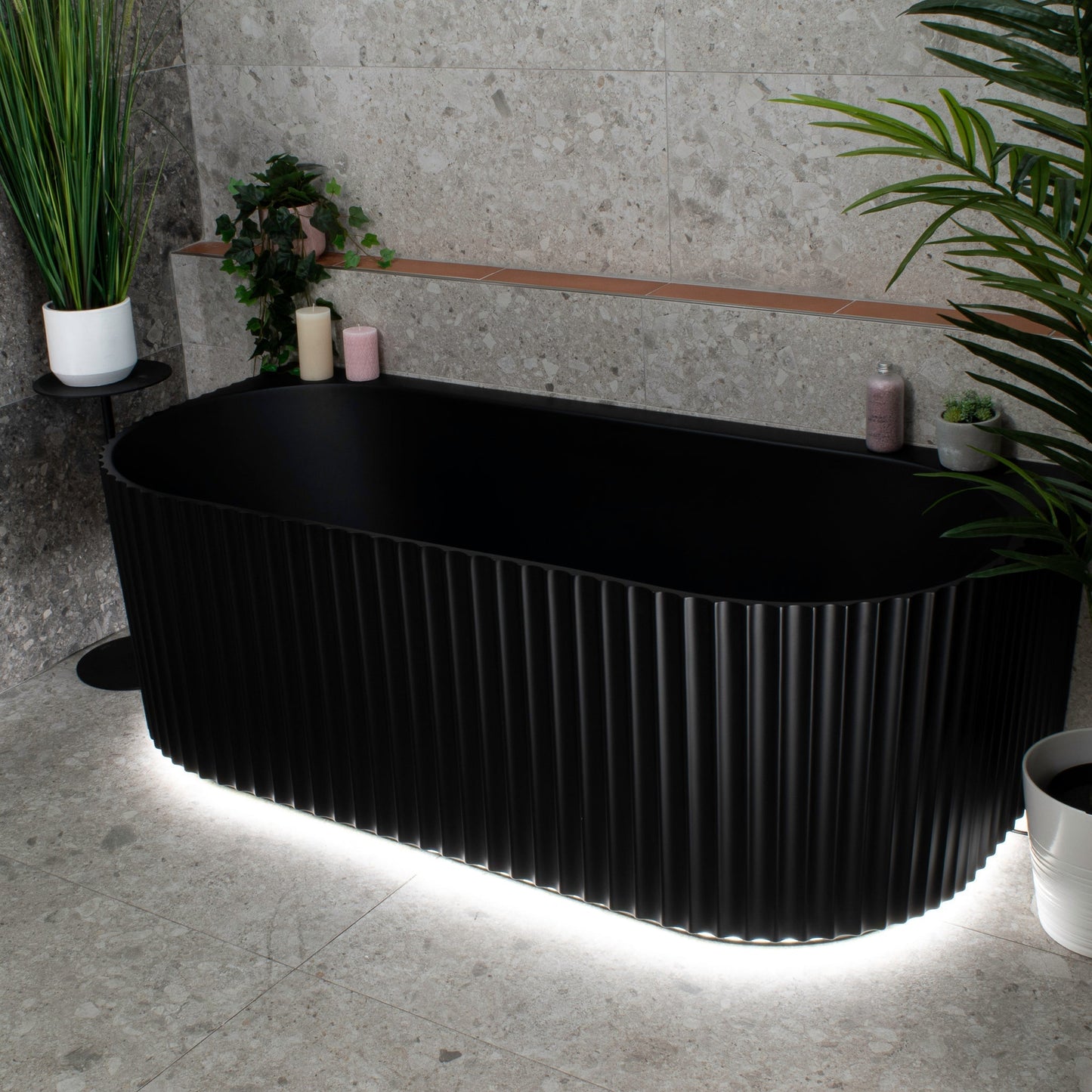 Agora Groove 1700mm Fluted Oval Freestanding Back to Wall Bath, Matte Black