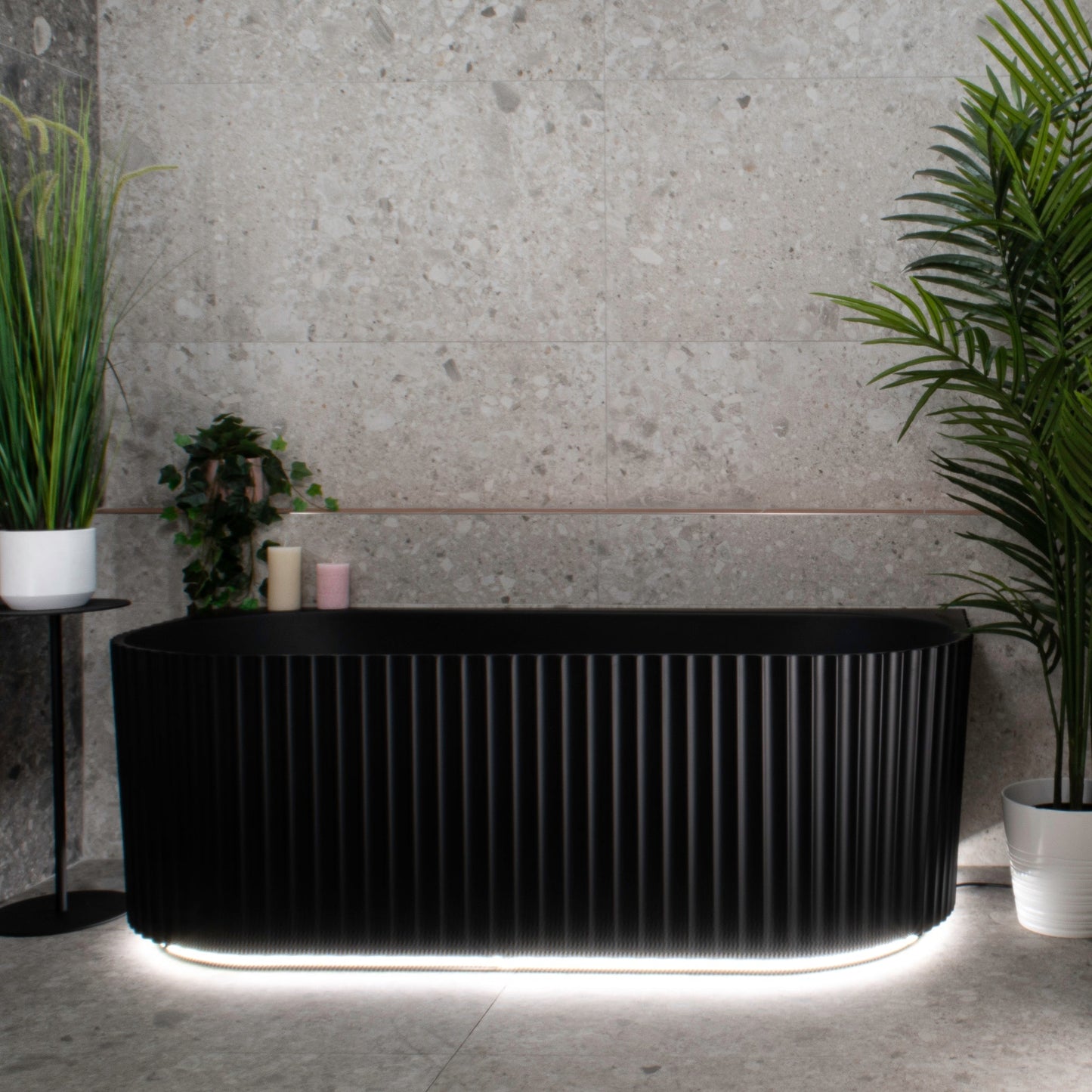 Agora Groove 1500mm Fluted Oval Freestanding Back to Wall Bath, Matte Black