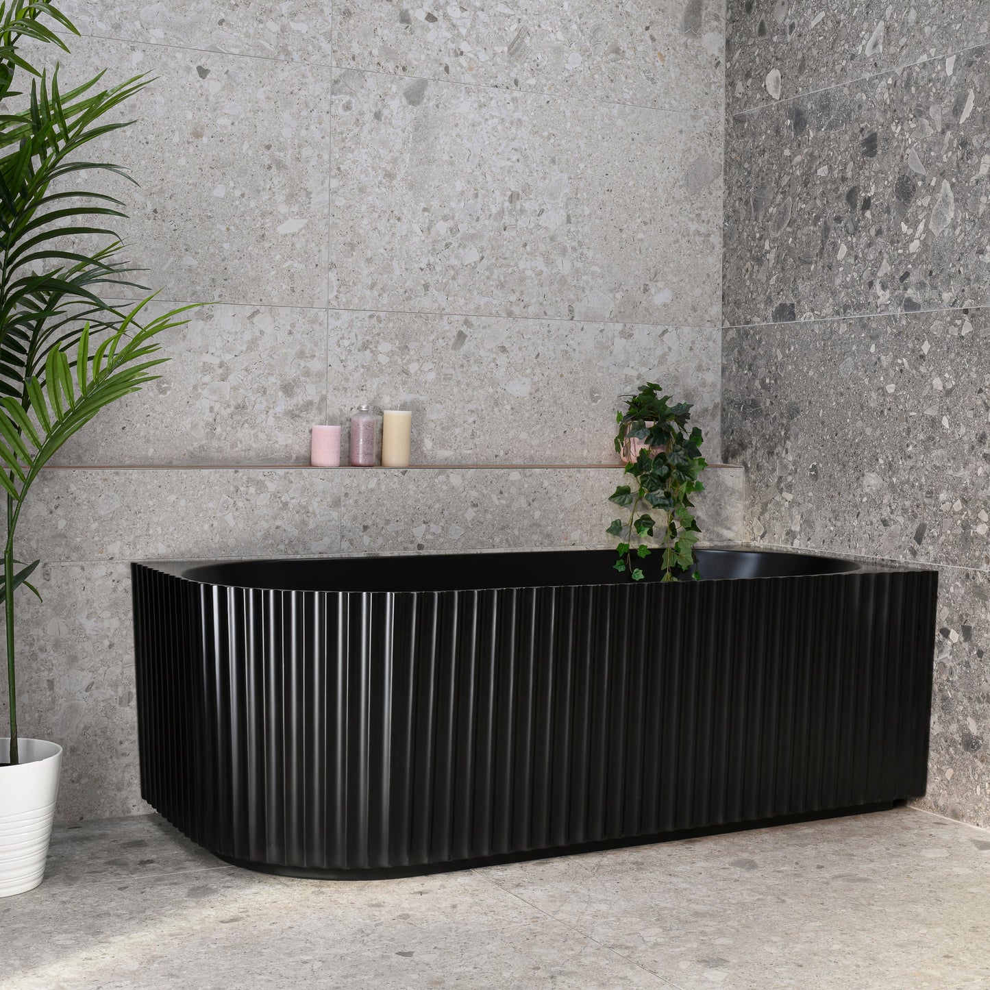 Agora Groove 1700mm Fluted Right Corner Freestanding Bath, Matte Black