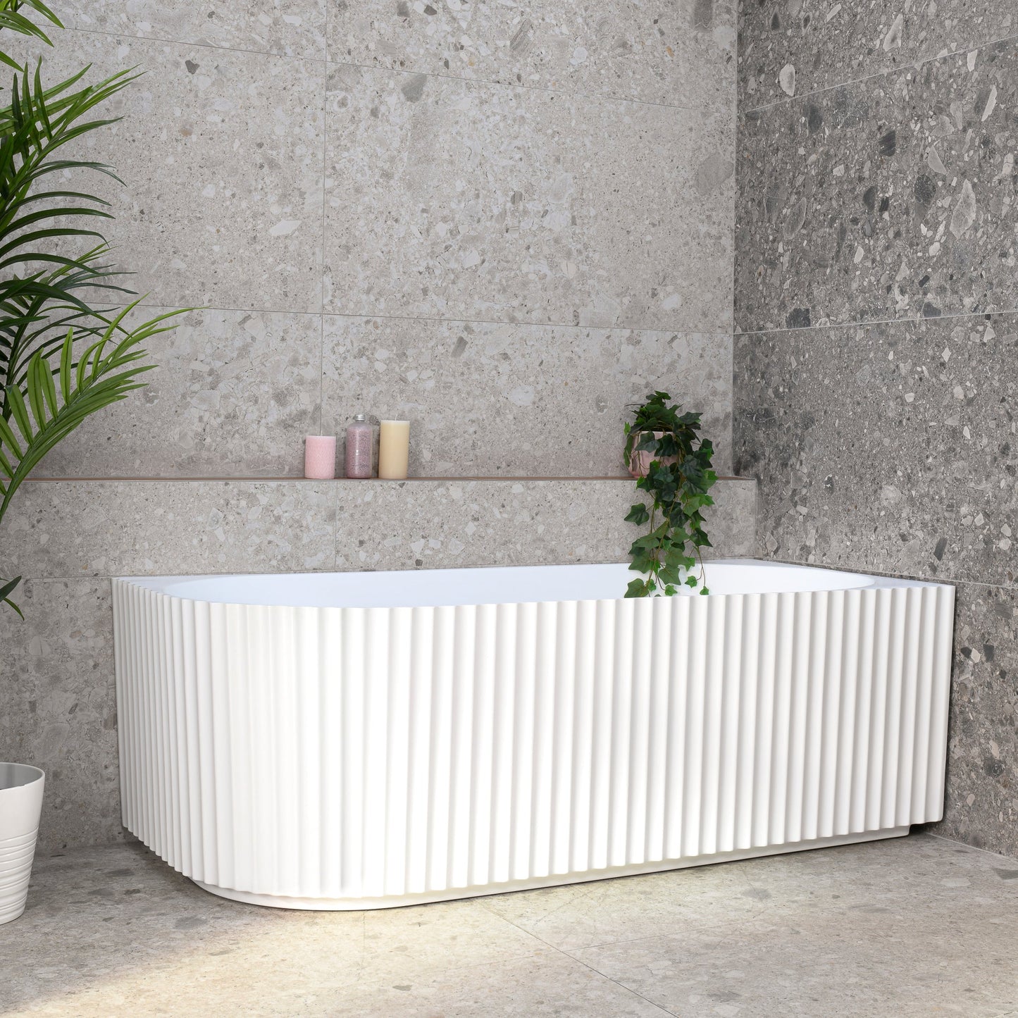 Agora Groove 1700mm Fluted Right Corner Freestanding Bath, Matte White
