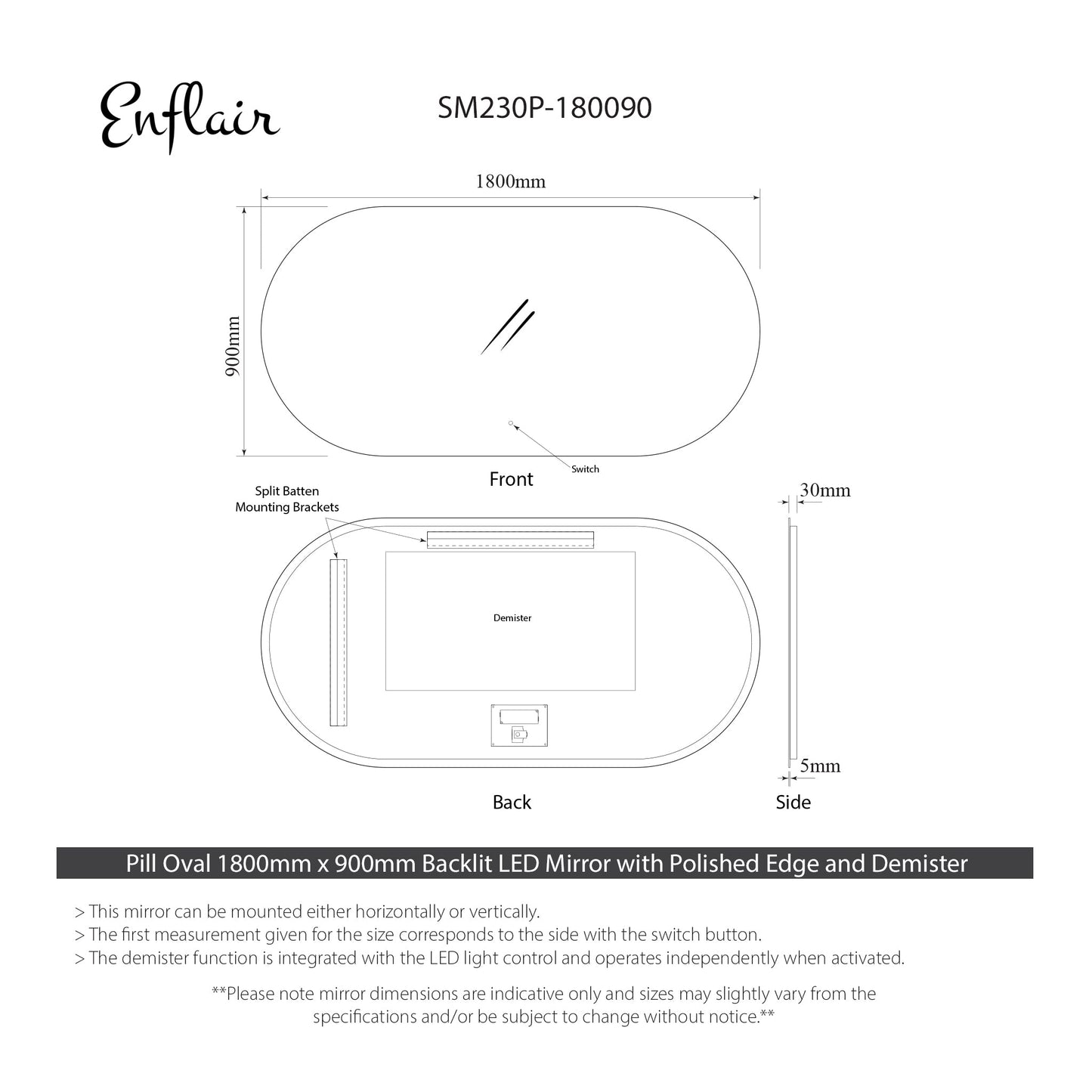 Pill Oval 1800mm x 900mm Backlit LED Frameless Mirror with Polished Edge and Demister