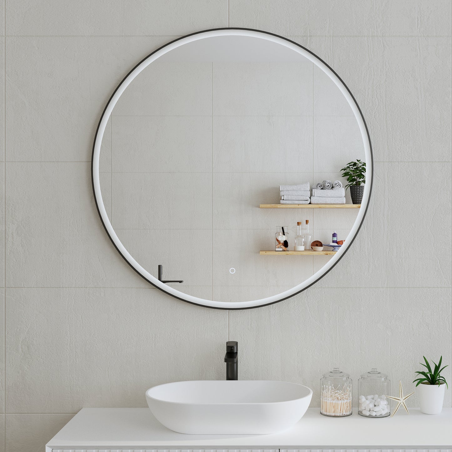 Circa Round 100mm Frontlit LED Mirror with Matte Black Frame and Demister