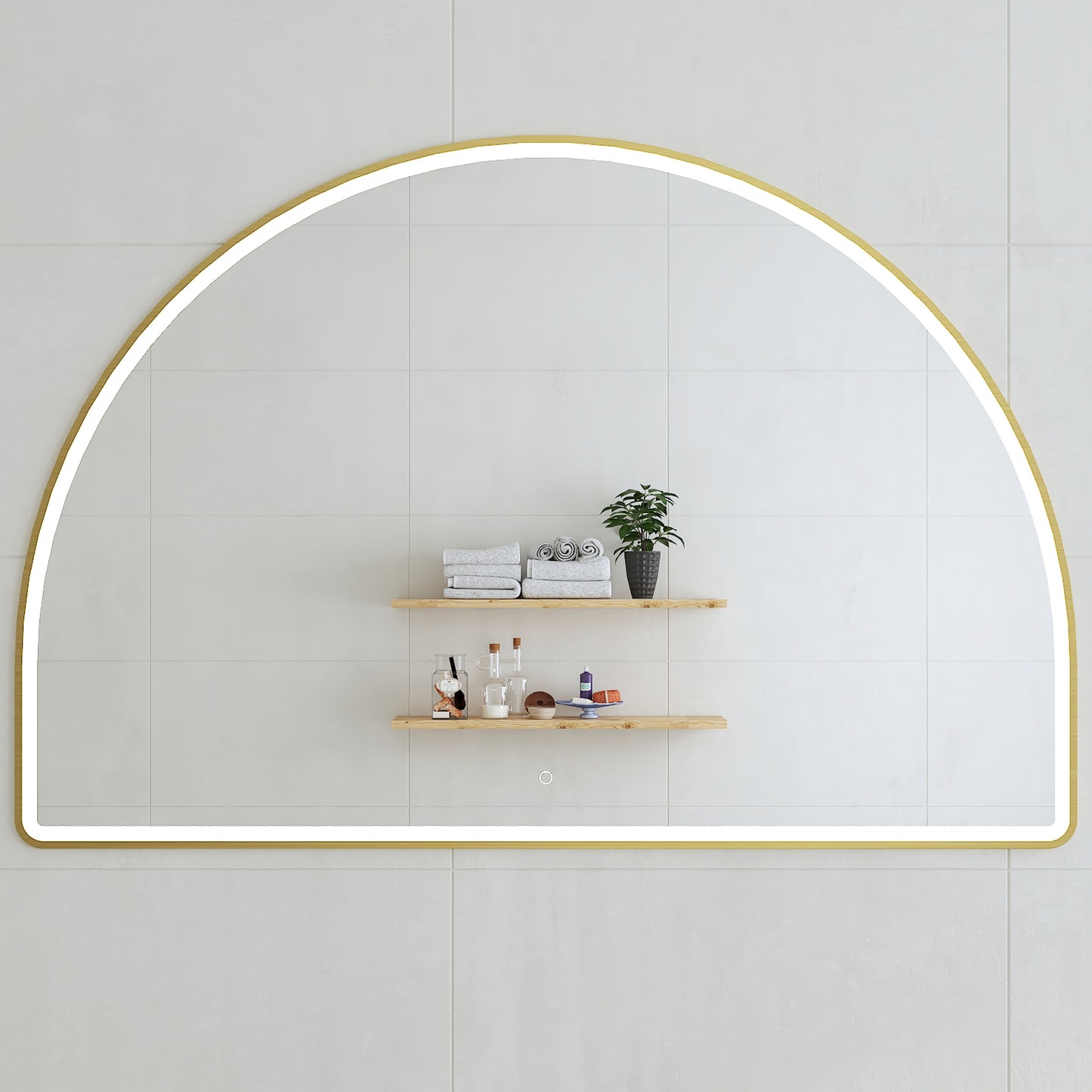 Arco Arch 1500mm x 1000mm Frontlit LED Framed Mirror in Brushed Brass (Gold) with Demister