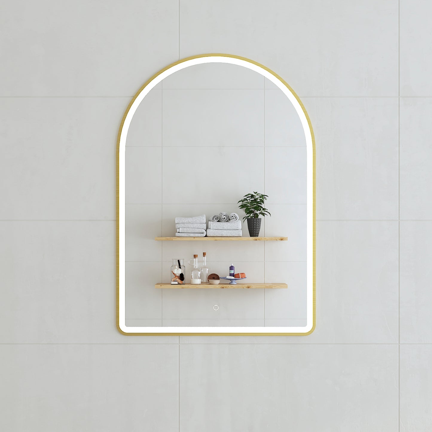 Arco Arch 700mm x 1000mm Frontlit LED Framed Mirror in Brushed Brass (Gold) with Demister