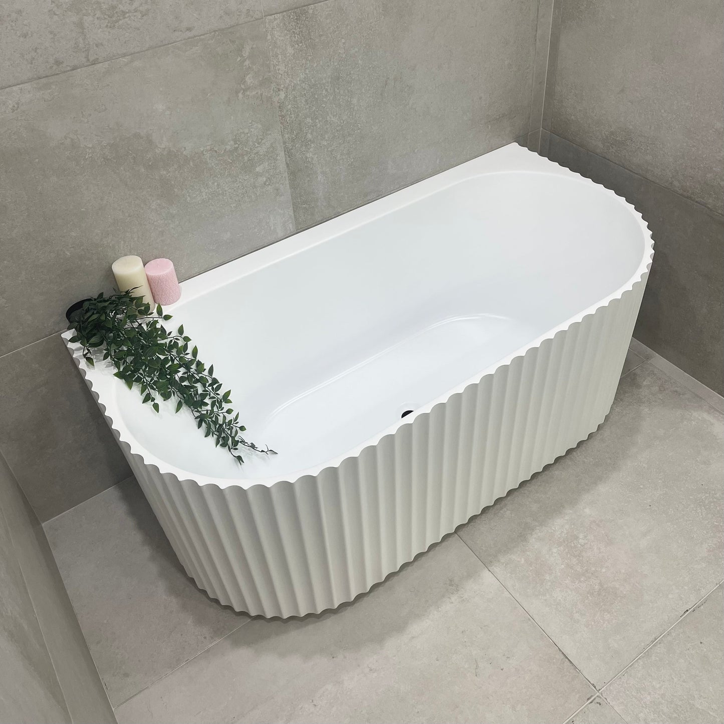 Agora Groove 1500mm Fluted Oval Freestanding Back to Wall Bath, Matte White