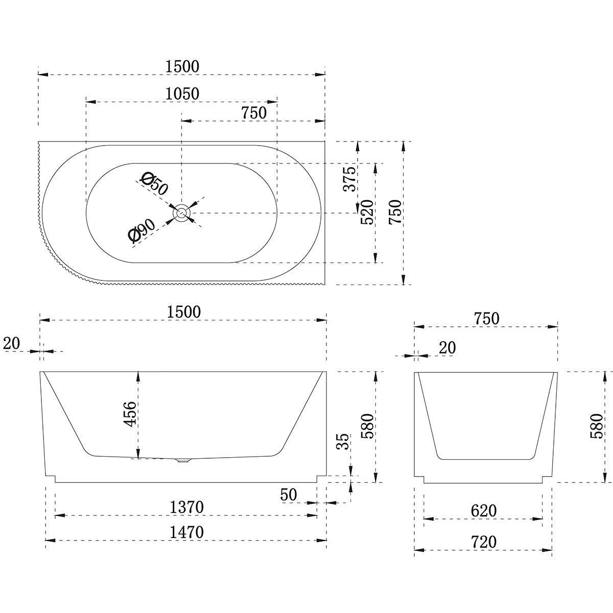 Brighton Groove 1500mm Fluted Oval Left Corner Freestanding Bath | Matte White |