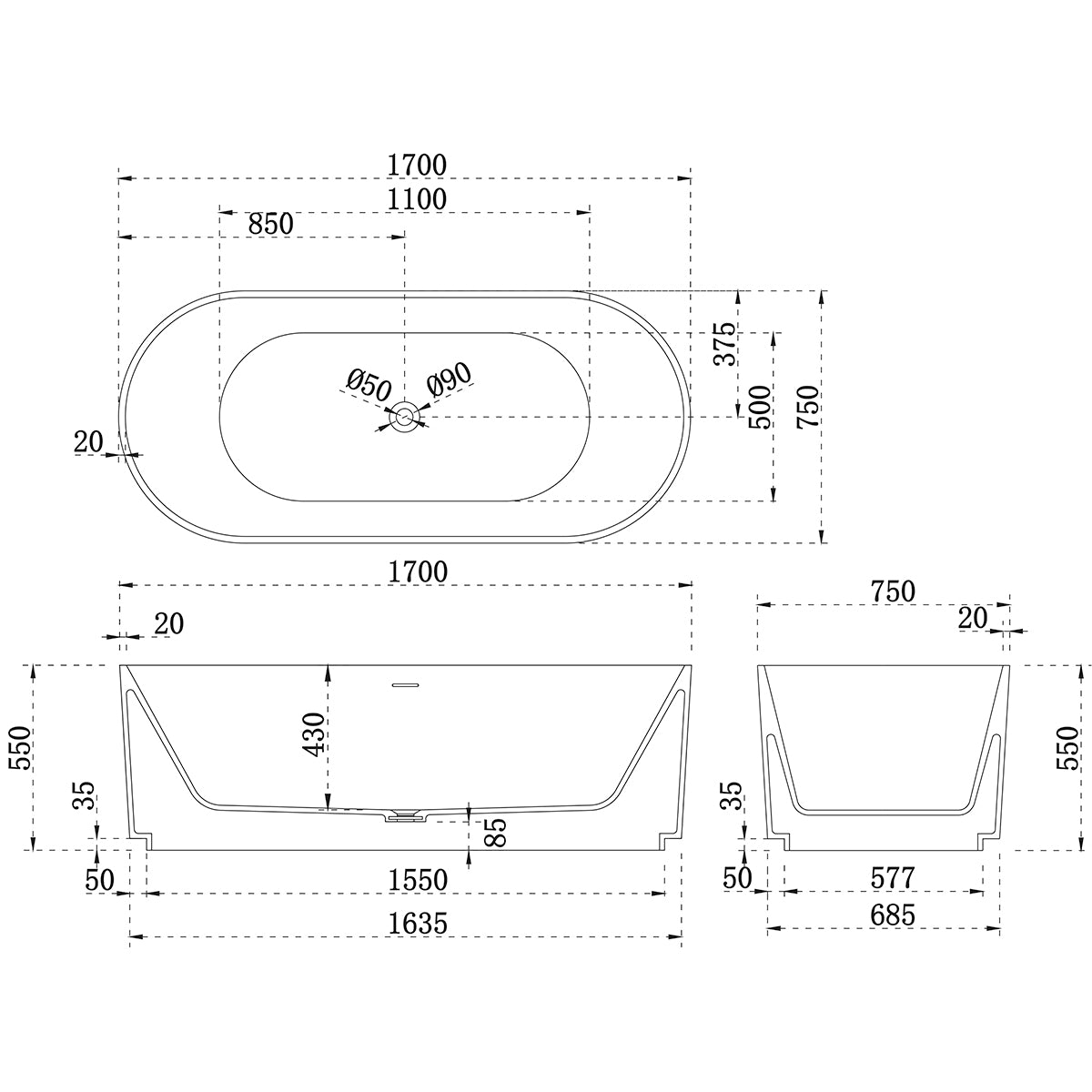 Brighton Groove 1700mm Fluted Oval Artificial Stone Freestanding Bath | Matte White |