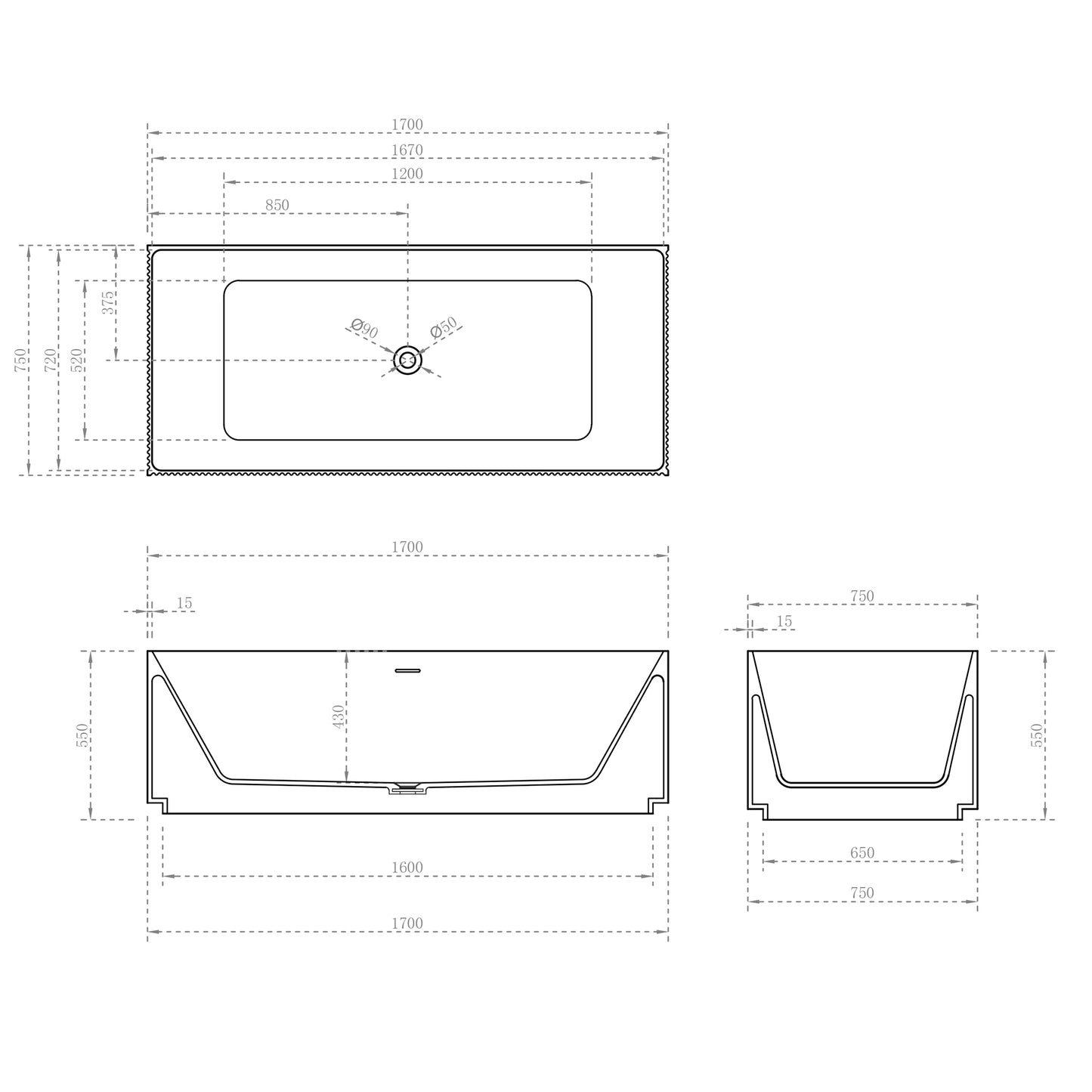 Cubix Groove 1700mm Fluted Square Multifit Artificial Stone Freestanding Bath | Matte White |
