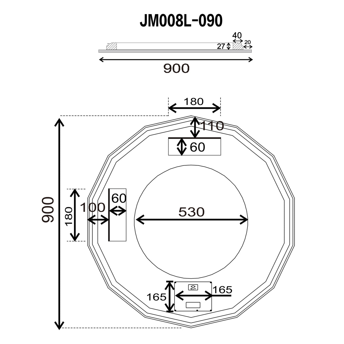 Fine Round Jewel 900mm Backlit LED Frameless Mirror with Jewelled Edge and Demister