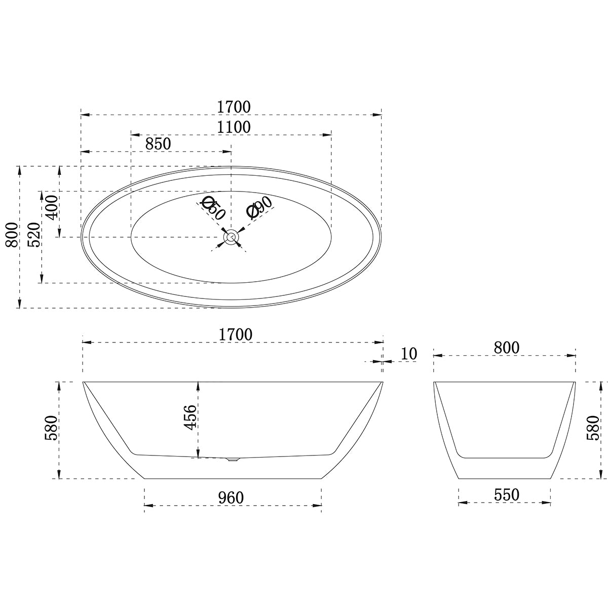 Kinka Egg 1700mm Oval Freestanding Bath, Gloss White