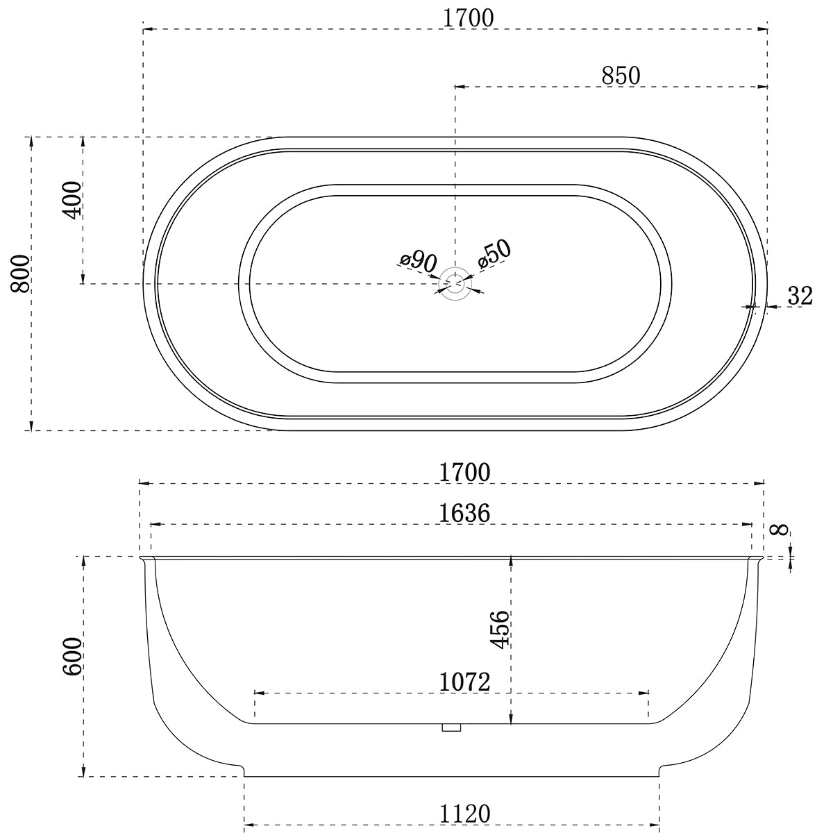 Mayfair Classic 1700mm Floating Oval Freestanding Bath, Gloss White