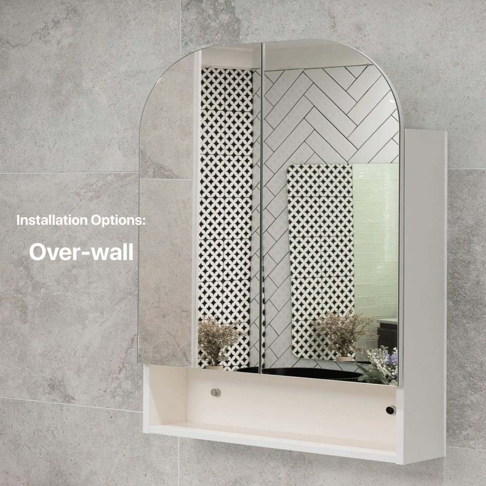 Tura Arch 800mm x 900mm Mirrored Shaving Cabinet with Exposed Shelf, Matte White