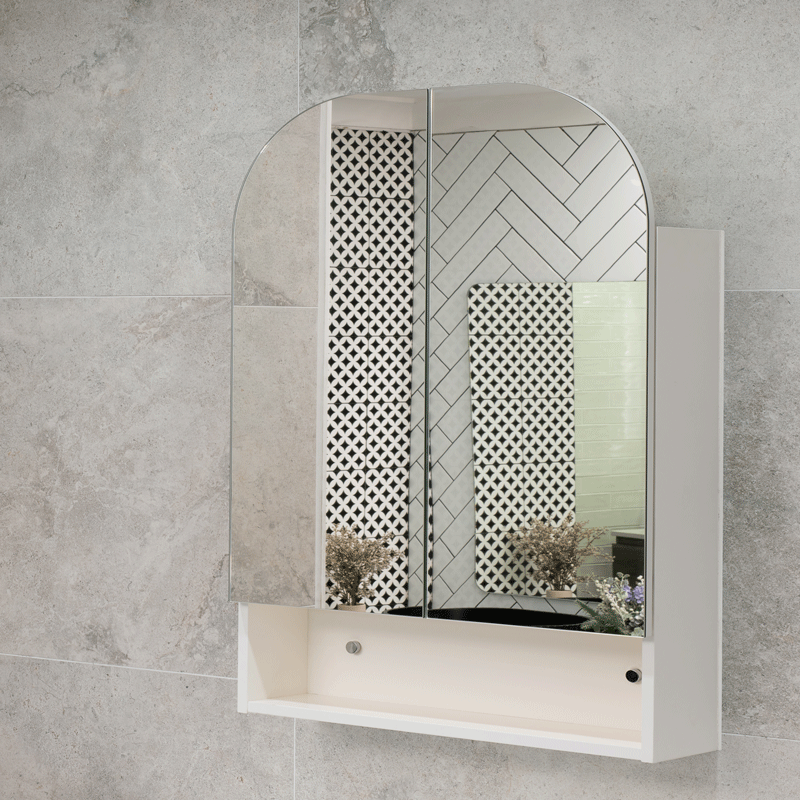 Tura Arch 800mm x 900mm Mirrored Shaving Cabinet with Exposed Shelf, Matte White