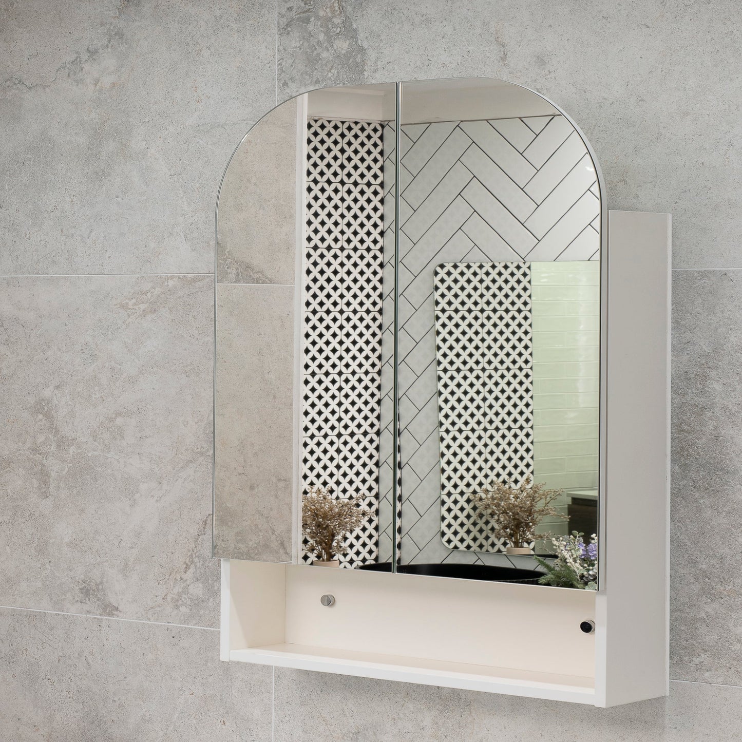 Tura Arch 800mm x 900mm Mirrored Shaving Cabinet with Exposed Shelf, Matte White