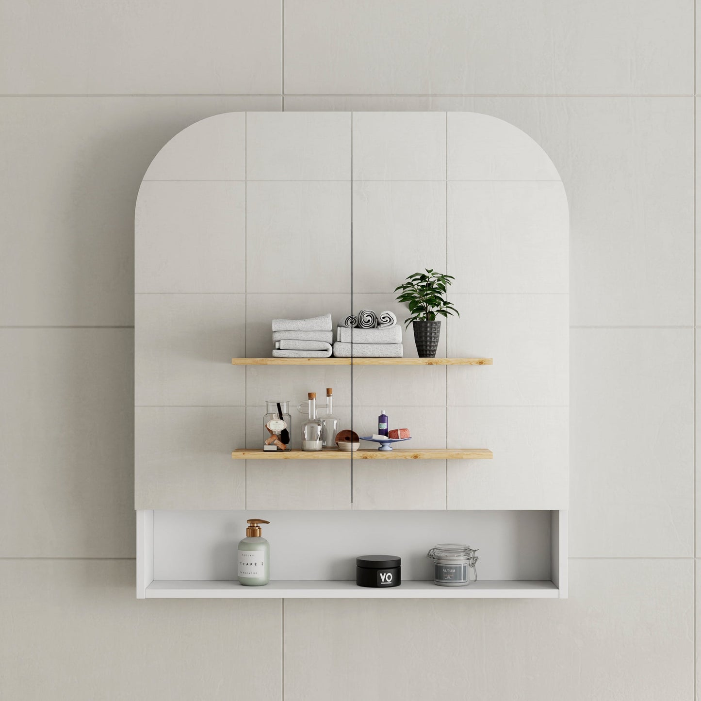 Tura Arch 800mm x 900mm Mirrored Shaving Cabinet with Exposed Shelf, Matte White