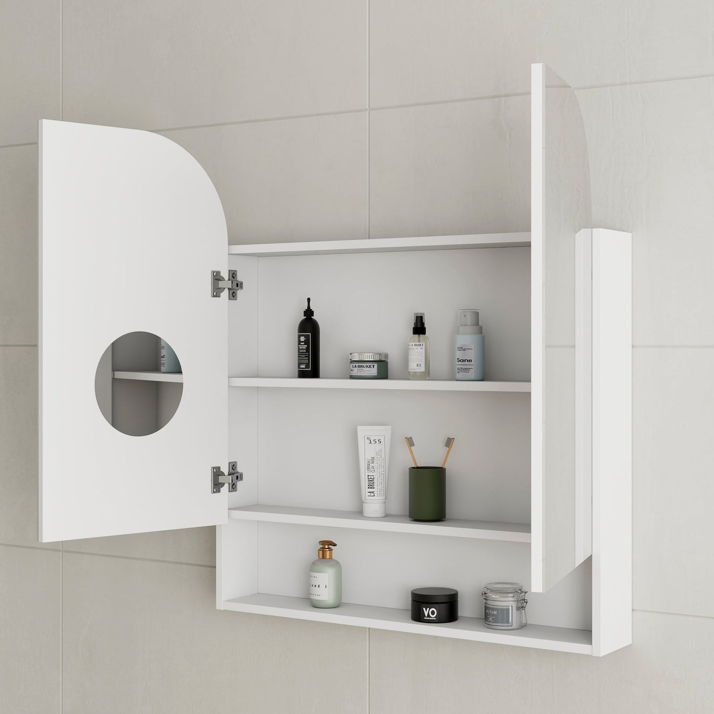 Tura Arch 800mm x 900mm Mirrored Shaving Cabinet with Exposed Shelf, Matte White