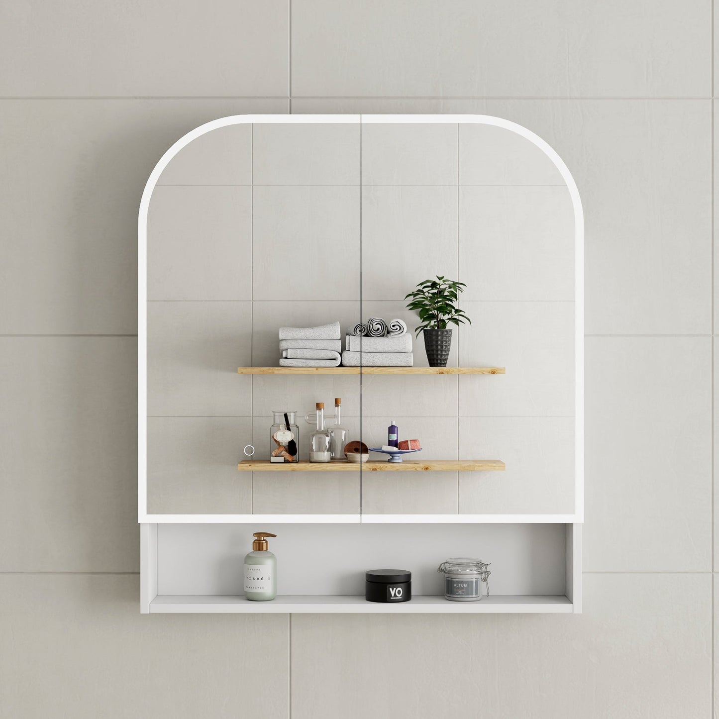 Tura Arch 800mm x 900mm Fronlit LED Mirrored Shaving Cabinet with Exposed Shelf, Matte White