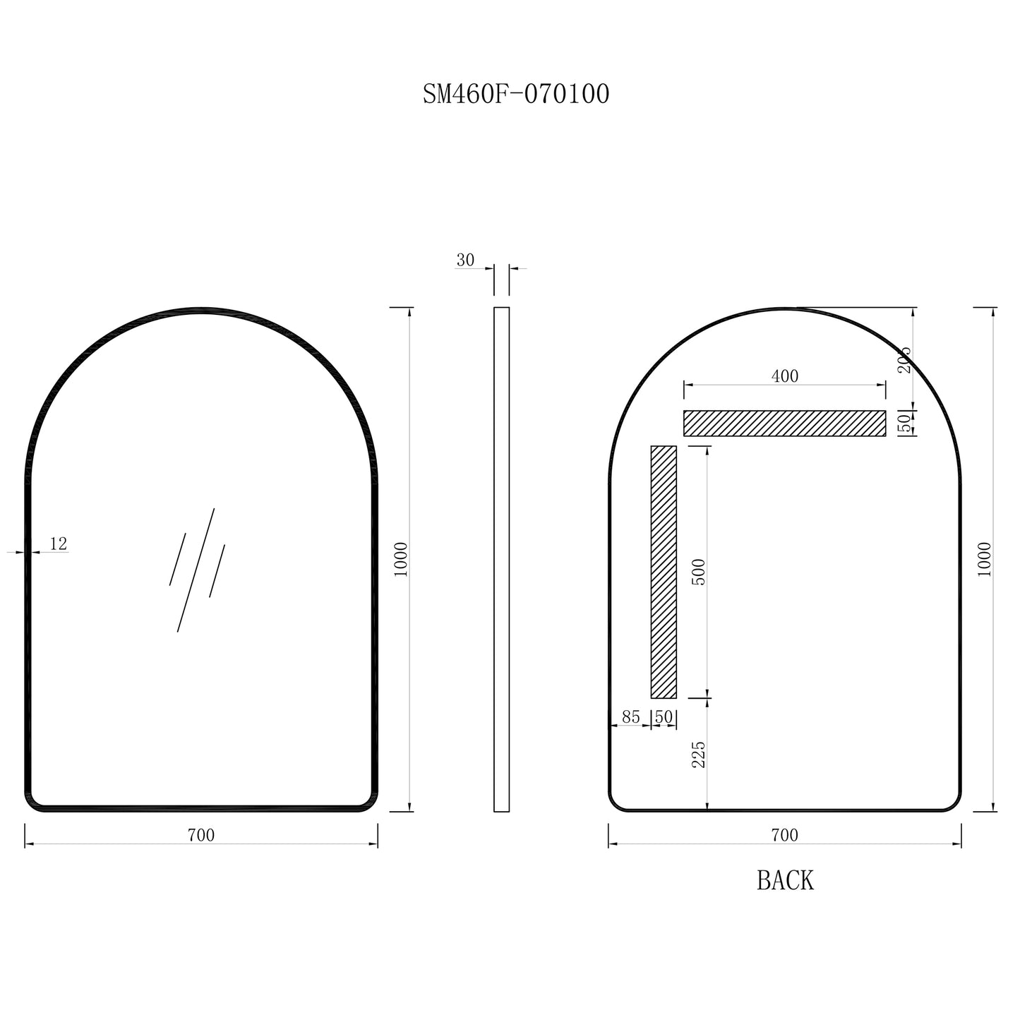 Arco Arch 700mm x 1000mm Mirror with Matte Black Frame