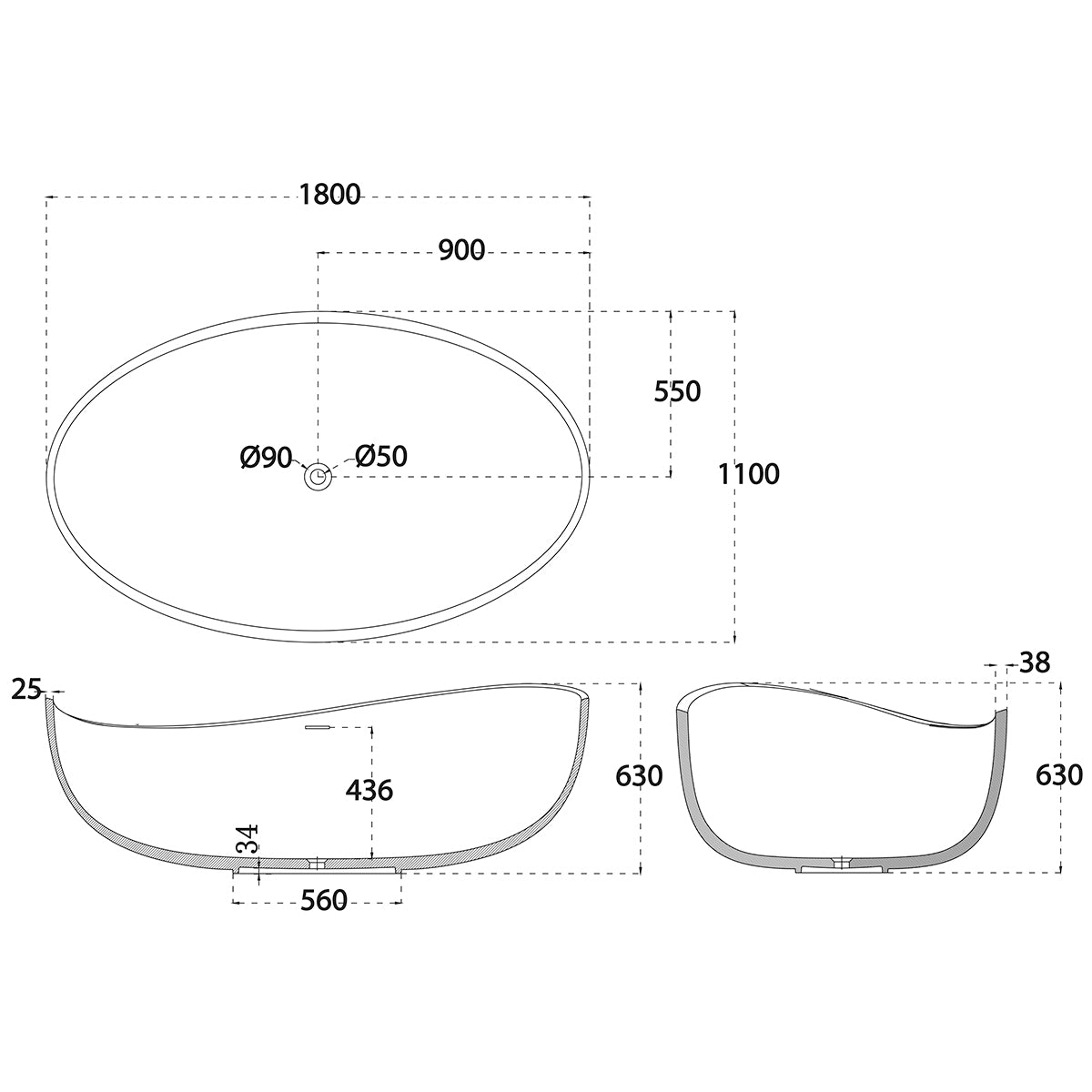 Wave 1800mm Oval Artificial Stone Freestanding Bath | Matte White |