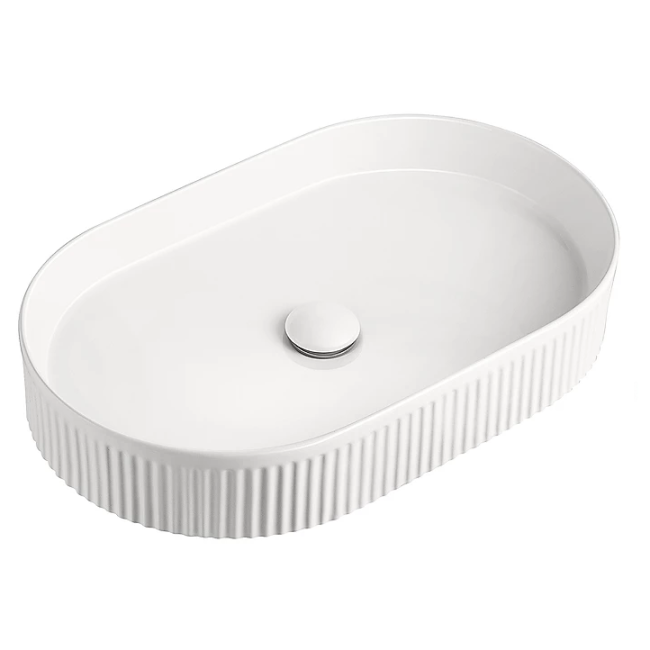 Pill Oval Fluted 580mm x 360mm Above-Counter Basin, Gloss White