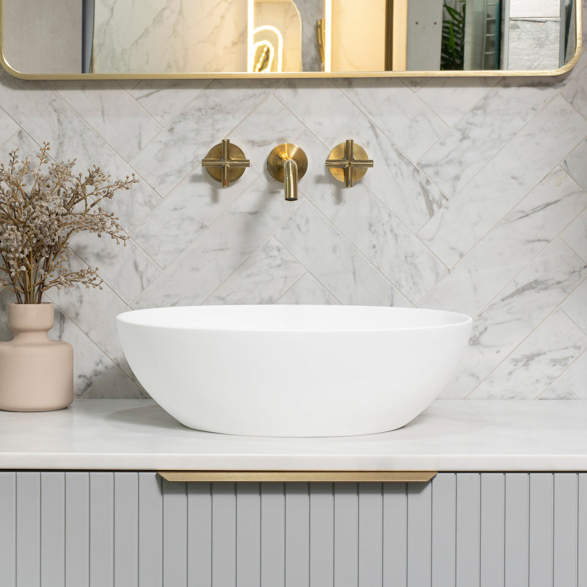 Byron Egg Oval 480mm x 350mm Artificial Stone Above-Counter Basin, Gloss White