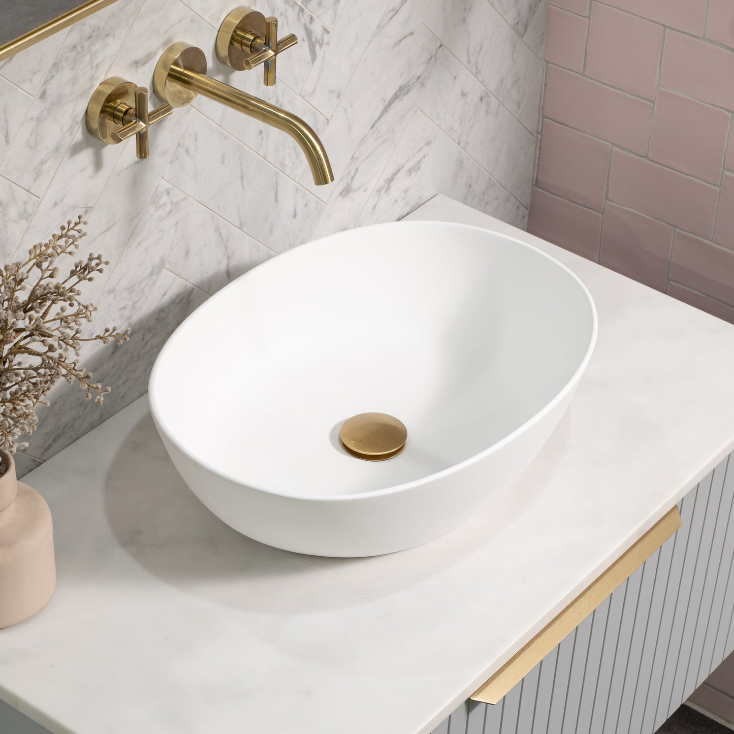 Byron Egg Oval 480mm x 350mm Artificial Stone Above-Counter Basin, Matte White
