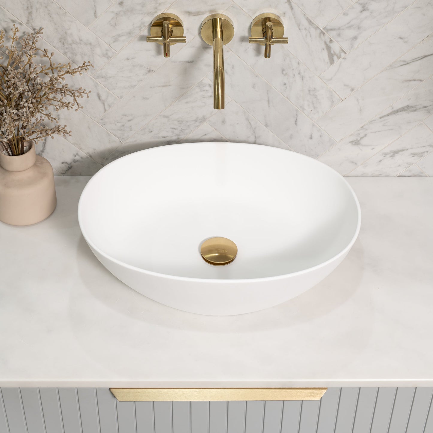 Byron Egg Oval 480mm x 350mm Artificial Stone Above-Counter Basin, Matte White