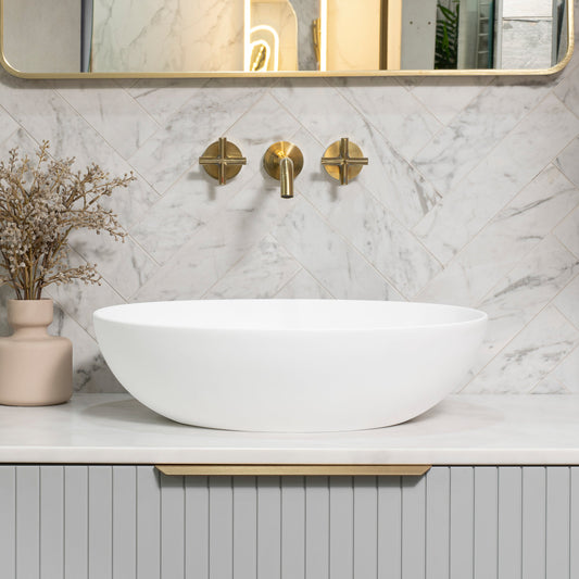 Byron Egg Oval 540mm x 400mm Artificial Stone Above-Counter Basin, Gloss White