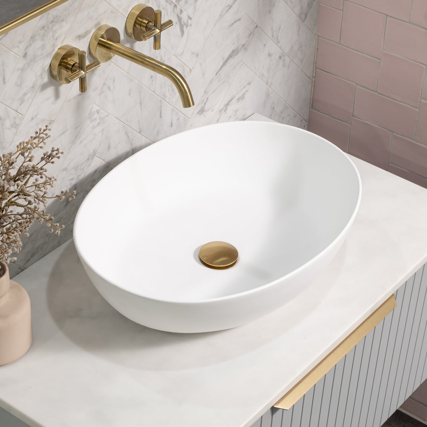 Byron Egg Oval 540mm x 400mm Artificial Stone Above-Counter Basin, Matte White