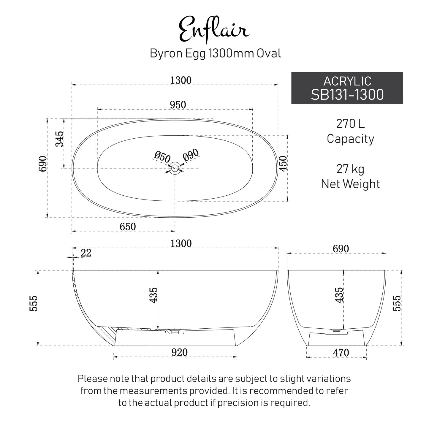 Byron Egg 1300mm Oval Freestanding Bath, Matte White