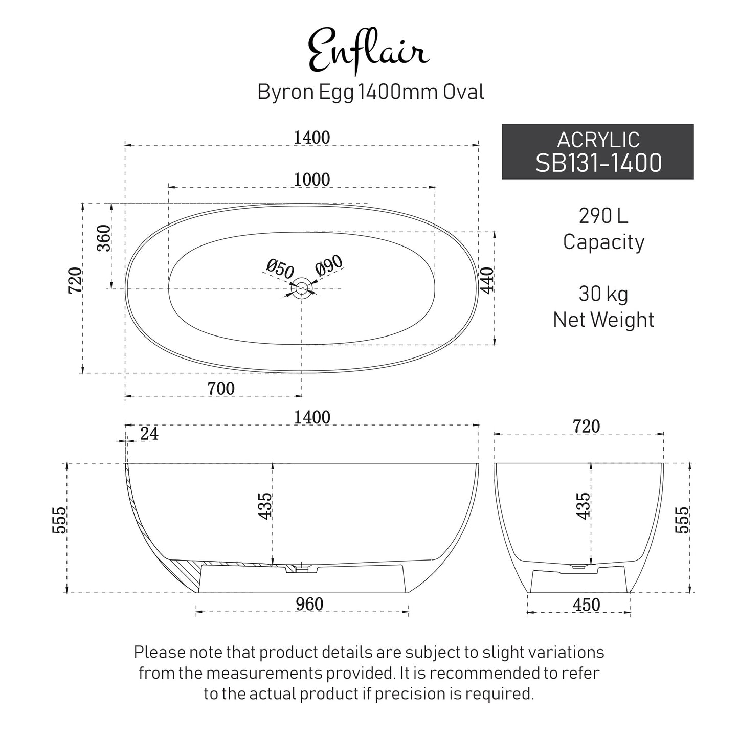 Byron Egg 1400mm Oval Freestanding Bath, Matte White