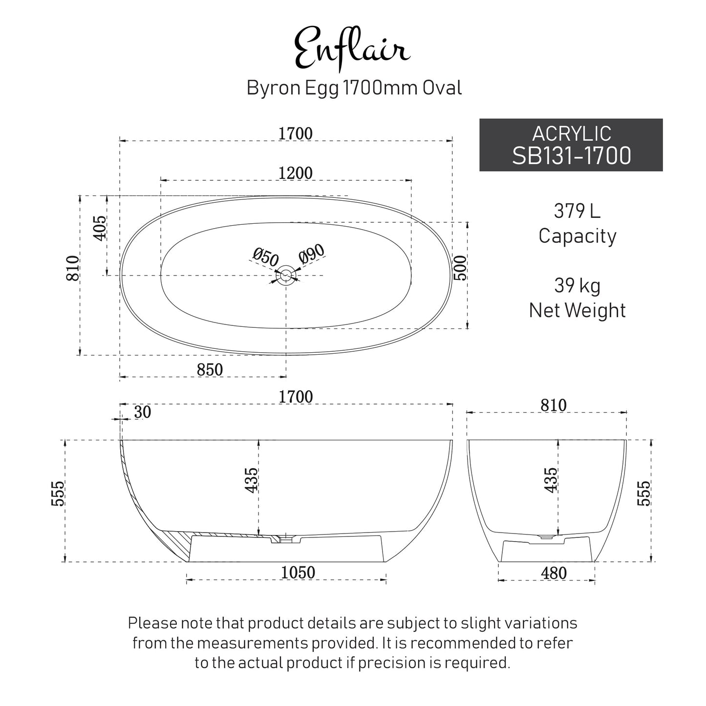 Byron Egg 1700mm Oval Freestanding Bath with Overflow, Gloss White