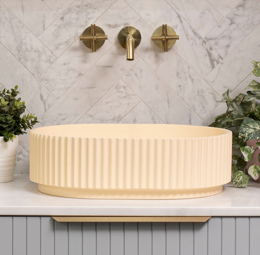 Stadio Groove 480mm Fluted Oval Artificial Stone Above-Counter Basin, Matte Banana Beige