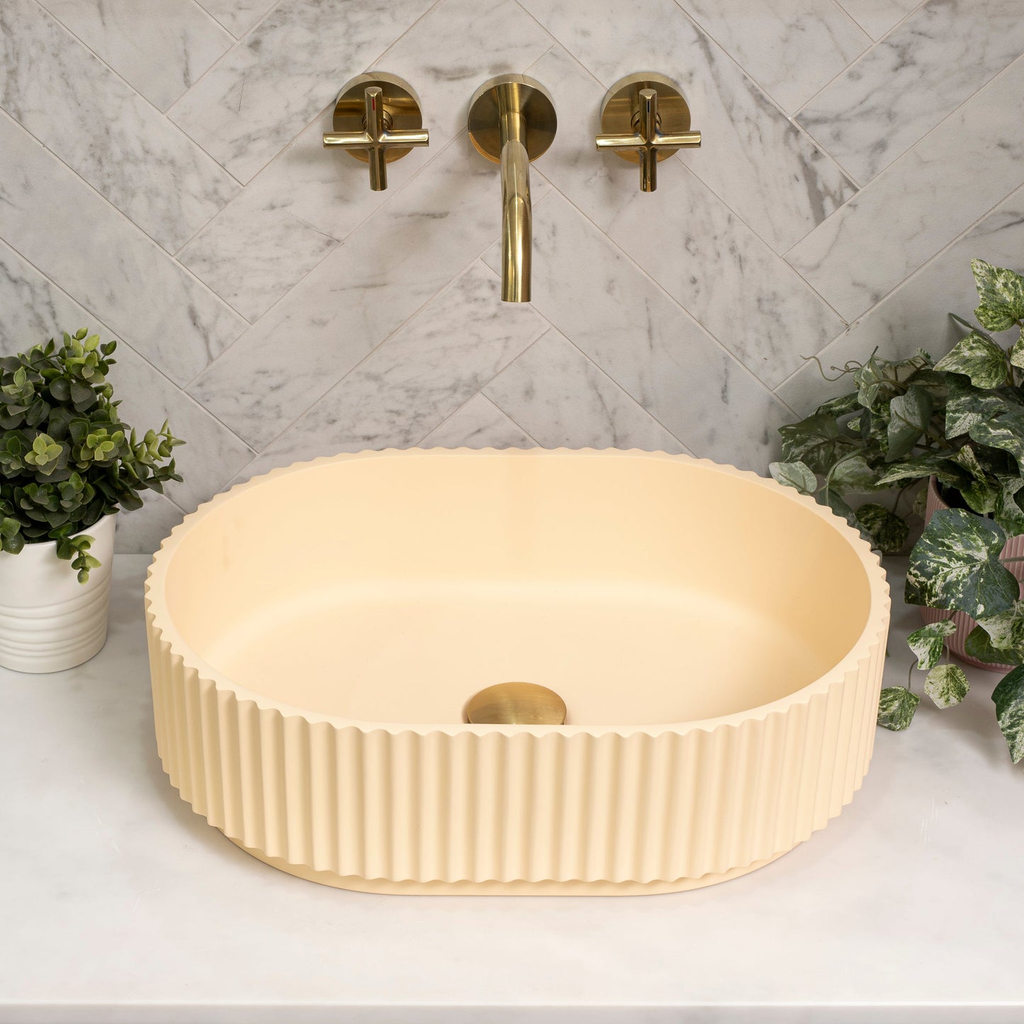 Stadio Groove 480mm Fluted Oval Artificial Stone Above-Counter Basin, Matte Banana Beige