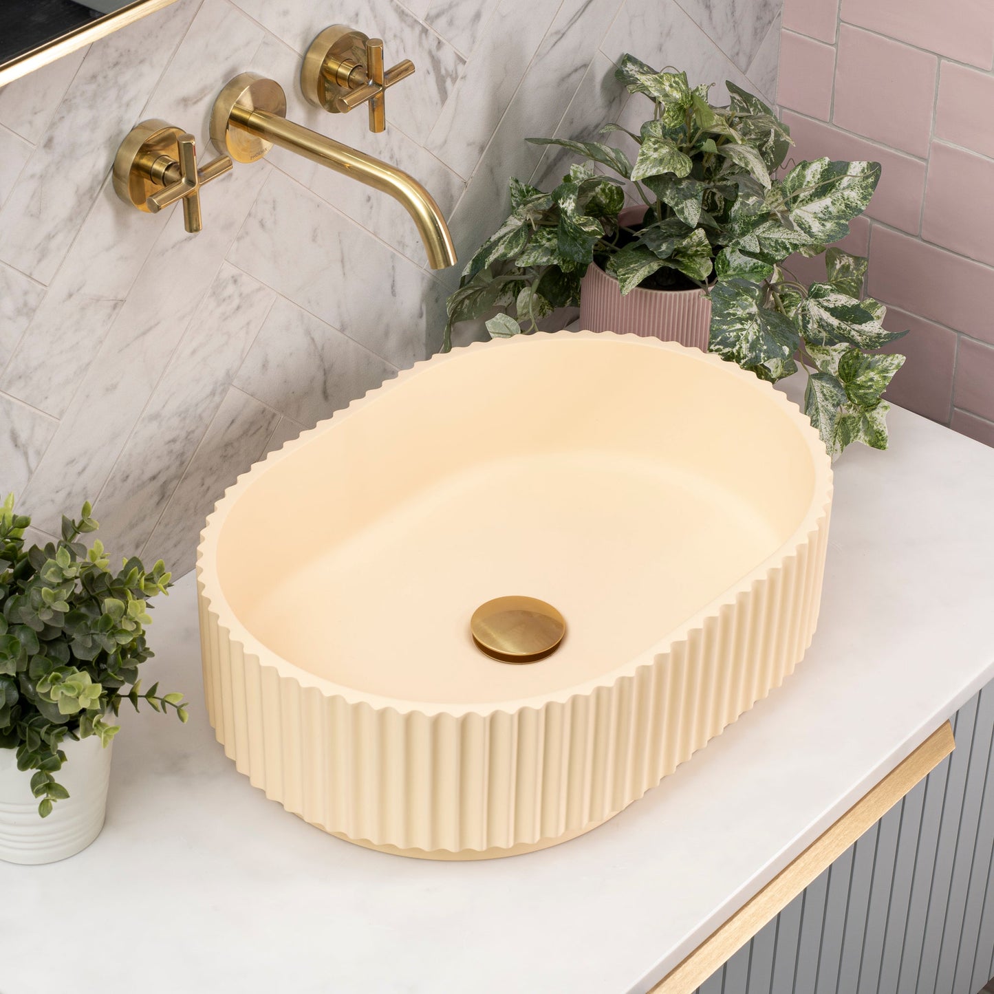 Stadio Groove 480mm Fluted Oval Artificial Stone Above-Counter Basin, Matte Banana Beige