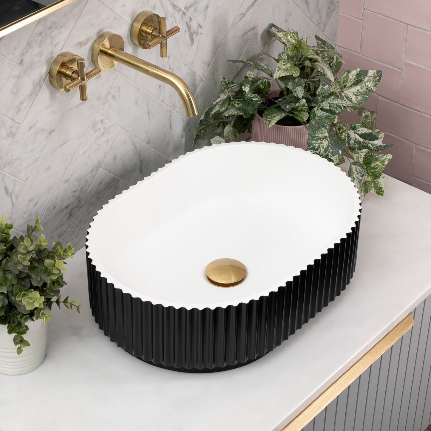 Stadio Groove 480mm Fluted Oval Artificial Stone Above-Counter Basin, Matte Black and White