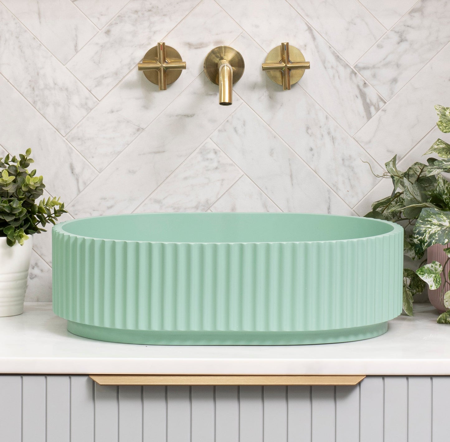 Stadio Groove 480mm Fluted Oval Artificial Stone Above-Counter Basin, Matte Mint Green