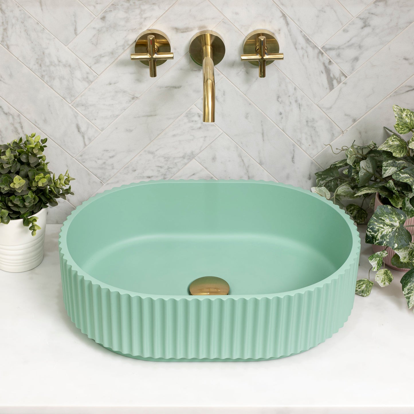 Stadio Groove 480mm Fluted Oval Artificial Stone Above-Counter Basin, Matte Mint Green